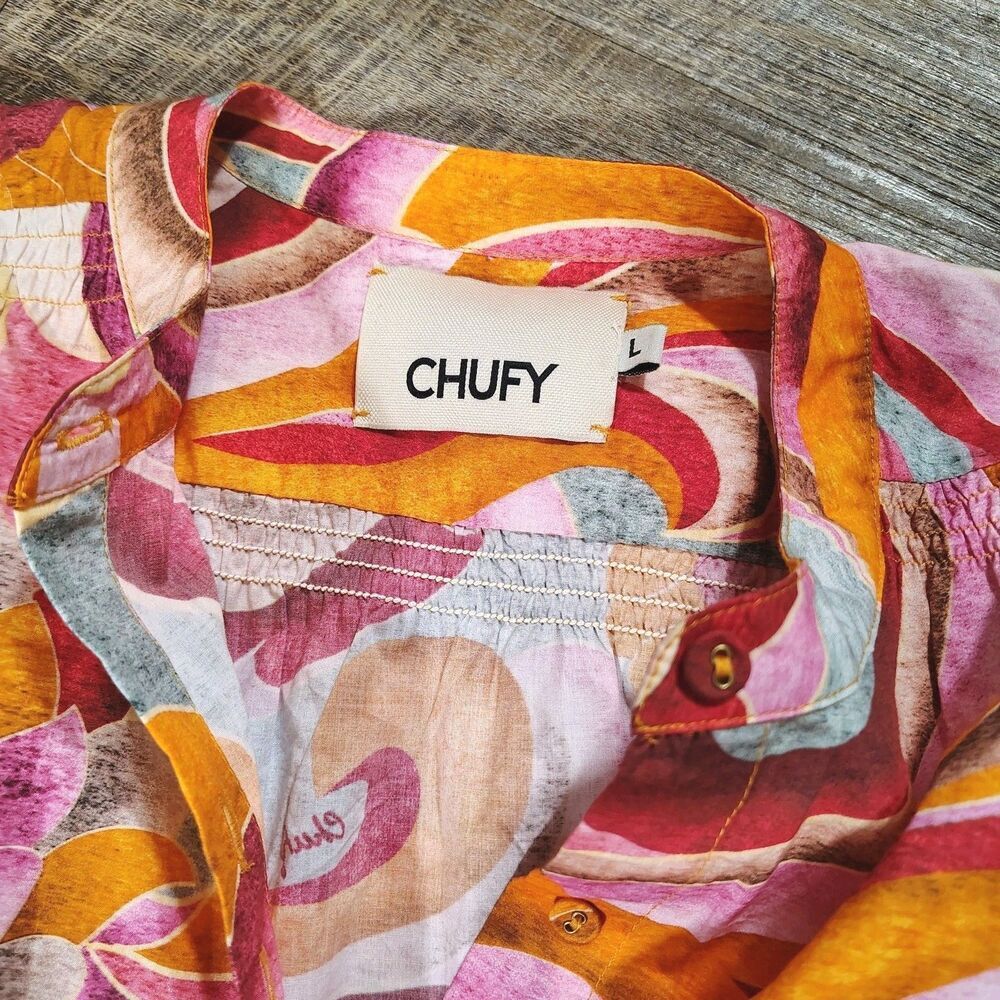 Chufy 100% Organic Cotton Floral Swirl Button Front Mini Dress Shirt Tunic Large - Picture 3 of 10
